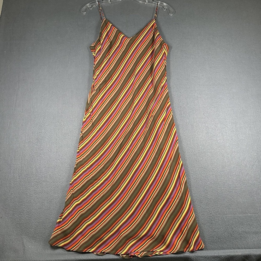 Ralph Lauren Dress Womens 12 Green Striped Slip Midi Lined Spaghetti Strap